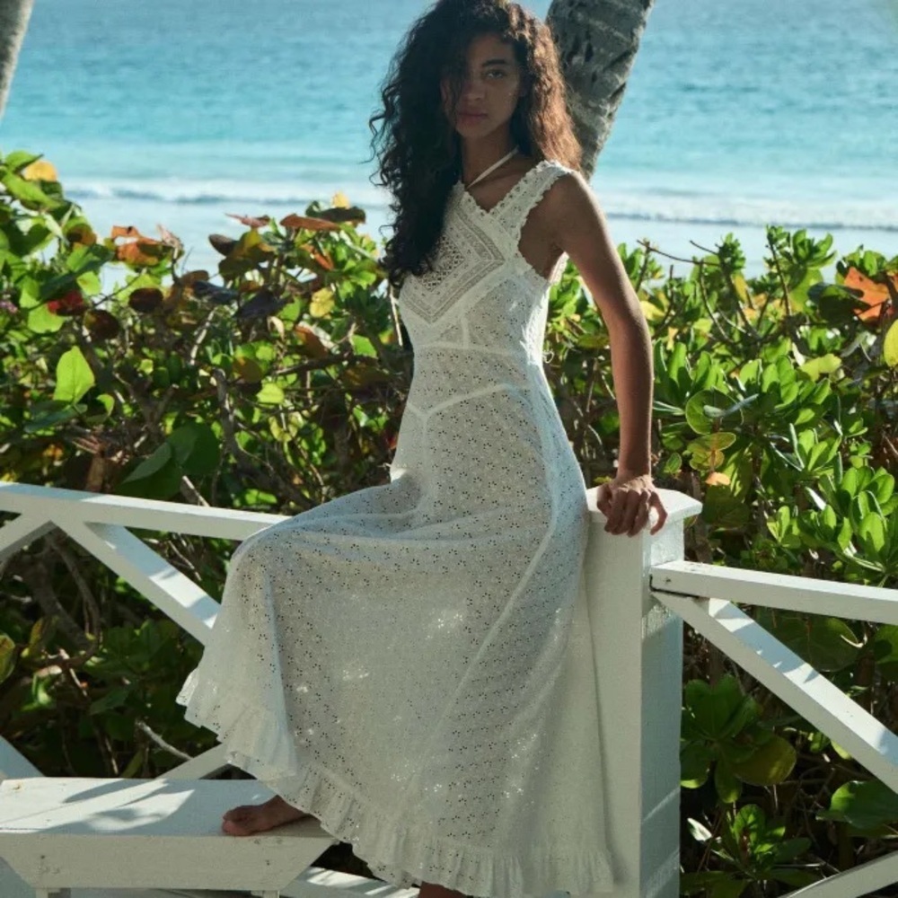 NWT Doen Frieda Cotton Eyelet Ruffle Lace Halter Midi Maxi Dress Salt White
